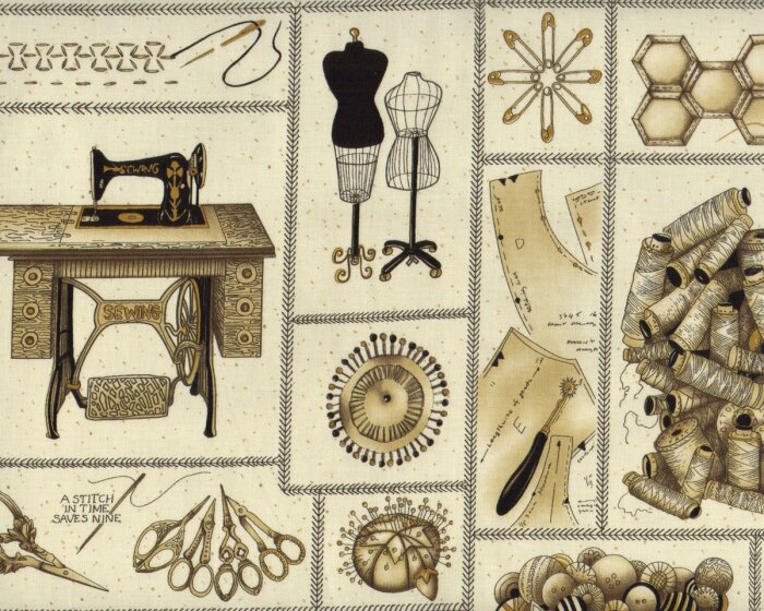 60-cm-Rapport Patchworkstoff A STITCH IN TIME, Retro Nähutensilien, beigegold-schwarz