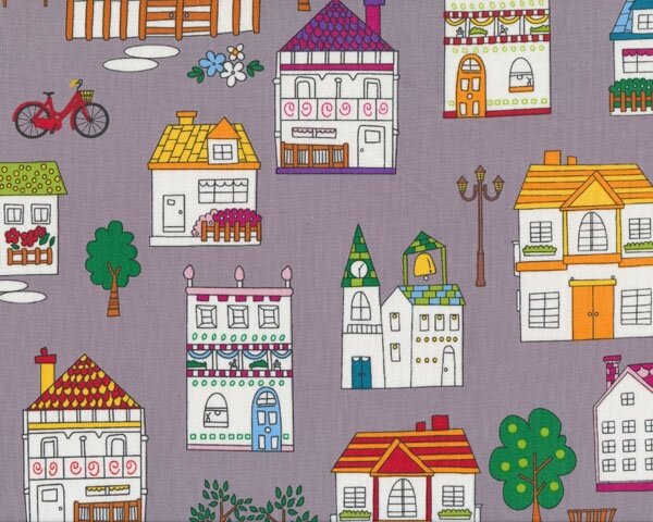 Patchworkstoff CHARMVILLE, bunte Stadt, rosagrau-orange