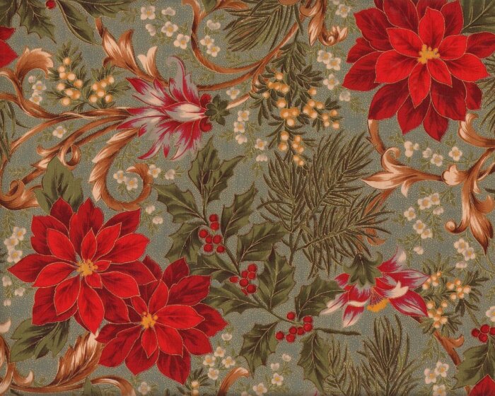 Metallic-Patchworkstoff LET IT GLOW, große Weihnachtsstern-Blüten und Ilex, grüngrau-dunkelrot-gold, Moda Fabrics
