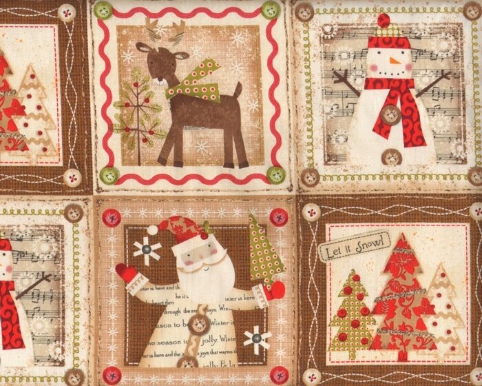 30-cm-Rapport Patchworkstoff HOLIDAY STITCHES, Let it Snow-Rahmen, hellbraun-rot