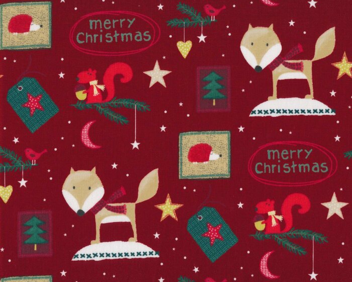 Patchworkstoff CHRISTMAS FOR FRIENDS, Weihnachtsfuchs und Eichhörnchen, dunkelrot-beige