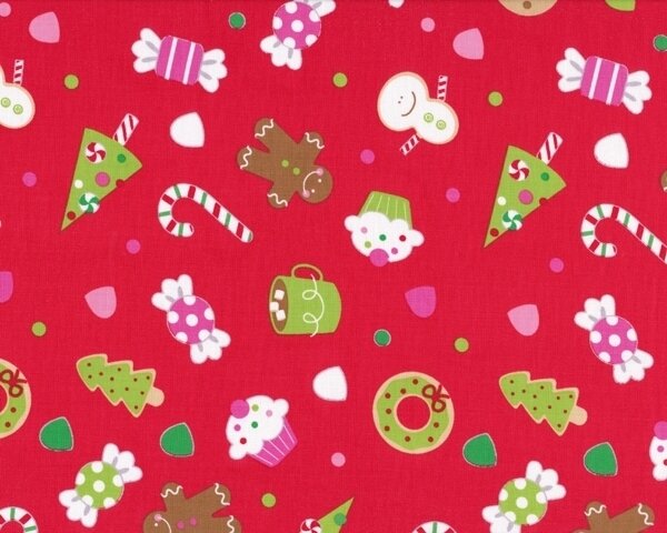 Patchworkstoff CHRISTMAS CANDY, Weihnachtsbäckerei, rot-maigrün