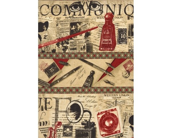 Patchworkstoff COMMUNIQUE, Längsbordüre mit Schreibutensilien, Wilmington Prints