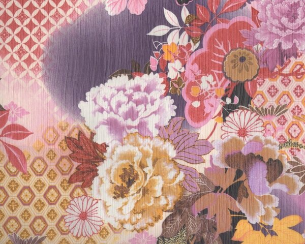 Duftiger Chiffon mit leichtem Längs-Crash "Mapimi Flores" mit Blüten-Bouquets und Musterfeldern, lila-altrosa