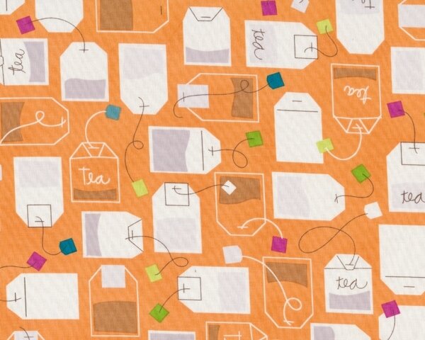 Patchworkstoff CREAM & SUGAR, Teebeutel, gedecktes orange-weiß
