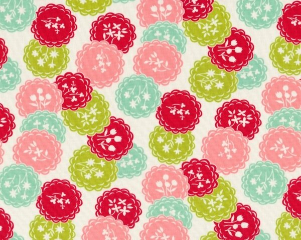 Patchworkstoff SCRUMPTIOUS, Blüten-Kreise, rot-mintgrün, Moda Fabrics