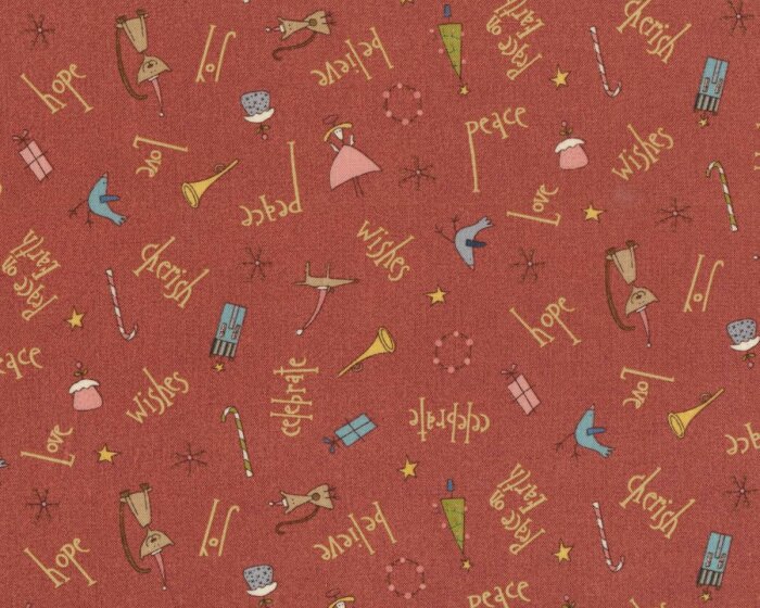 Patchworkstoff PEACE ON EARTH, Weihnachtskleinigkeiten und Schrift, stumpfes rot-beige