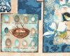 60-cm-Rapport Patchworkstoff FEATHER YOUR NEST, Bildfelder mit Meisen, Blüten und Schrift, gedecktes blau-hellbeige