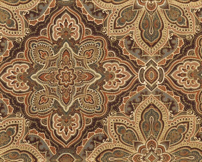 Patchworkstoff THE NEW RENAISSANCE MAN, Ornamentblüten, dunkelbraun-gold metallic
