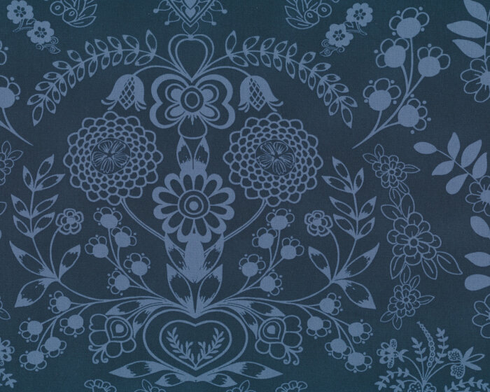 Popeline-Patchworkstoff ESSENTIALS II, Blüten-Ornamente, marineblau-taubenblau