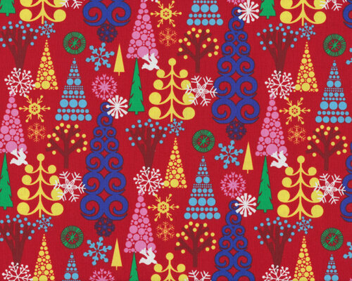Patchworkserie "Christmas Ornaments" mit gemusterten Tannenbäumen, rot-ultramarineblau