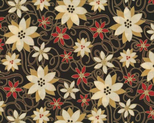 Patchworkstoff "Weihnachtsklassiker" mit Weihnachtsblüten auf geschwungenen Rankenlinien, schwarz-gold