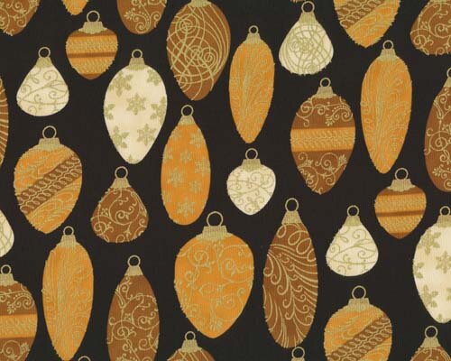 Patchworkstoff "Weihnachtsklassiker" mit Kugeln und Zapfen, schwarz-goldbraun