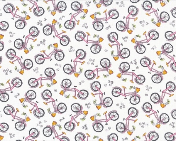 Patchworkstoff "Now Were Goin Places" mit Fahrrädern, rosa-orange-weiß