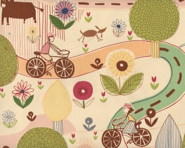 Patchworkstoff "Park & Ride", Landschaft mit Kugelbäumen und Radfahrern, gedecktes hellgrün-aprikot