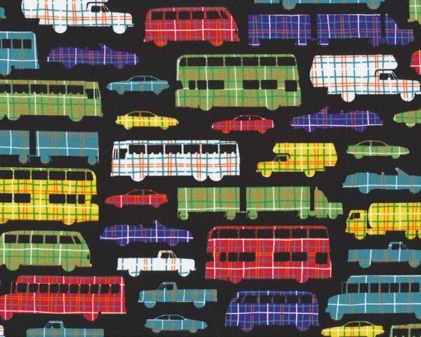 Patchworkstoff "Plaidsportation" mit großen und kleinen Fahrzeugen, gelb-rot-blau