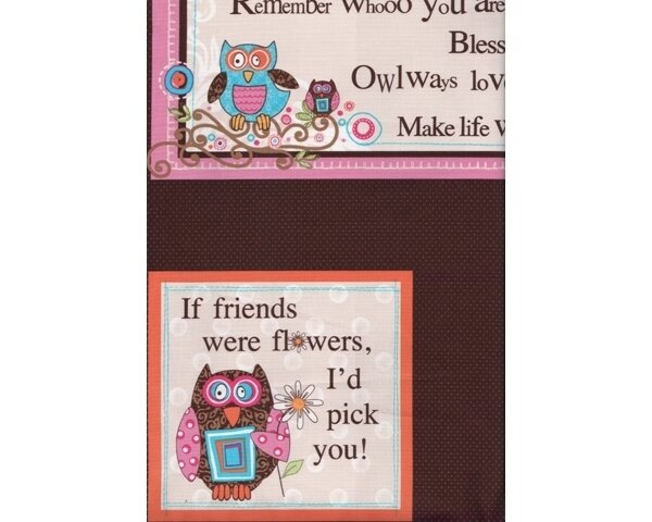 60-cm-Rapport Patchworkstoff "Owl Panel" mit Eulen und Schrift, rosa-hellblau-dunkelbraun