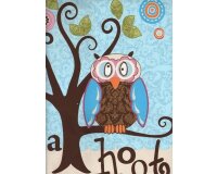 60-cm-Rapport Patchworkstoff "Owl Panel" mit Eulen und Schrift, rosa-hellblau-dunkelbraun