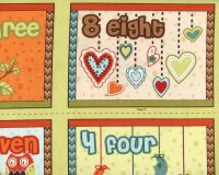 60-cm-Rapport Patchworkstoff OWL WONDERFUL, Zahlenlernen mit Eulen, Stoffbuch-Panel, helles apfelgrün-orange