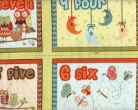 60-cm-Rapport Patchworkstoff OWL WONDERFUL, Zahlenlernen mit Eulen, Stoffbuch-Panel, helles apfelgrün-orange