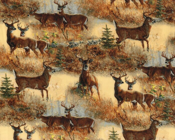 Patchworkstoff WALNUT GROVE, Hirsche in Steppenlandschaft, dunkelbraun
