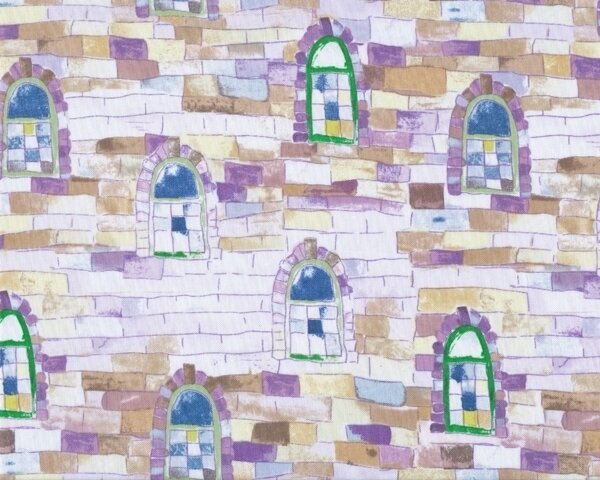 Patchworkstoff "Watercolor Garden" mit Burgmauer mit Fenstern, lila-blau