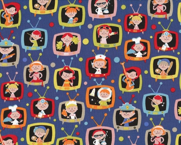 Patchworkstoff "When I Grow Up" mit Fernsehfiguren aus den 60ern, blau-limette-rot