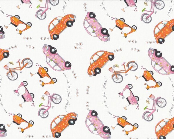 Patchworkstoff "Now Were Goin Places" mit Autos und Mopeds, rosa-orange-weiß