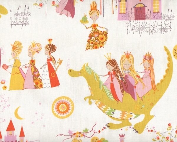 Patchworkstoff PRINCESS KINGDOM, Prinzessinnen und Drachen, rosa-limette
