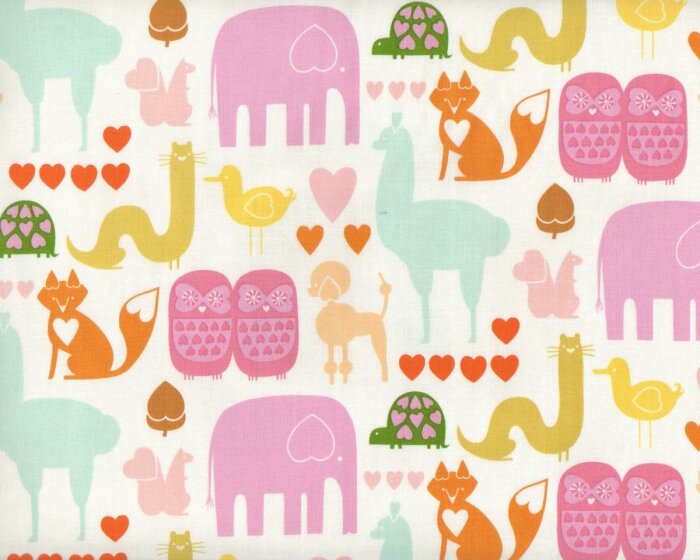 Patchworkstoff I LOVE ANIMALS, Tiere und Herzen, wollweiß-rosa