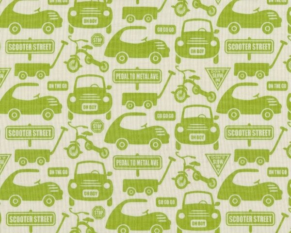 Patchworkstoff "Cruiser Boulevard", Autos-Scooter und Dreiräder, helles apfelgrün-creme