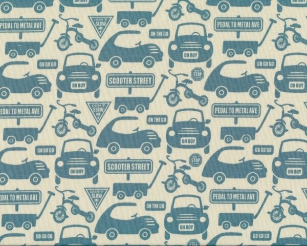 Patchworkstoff "Cruiser Boulevard", Autos-Scooter und Dreiräder, gedecktes türkis-creme