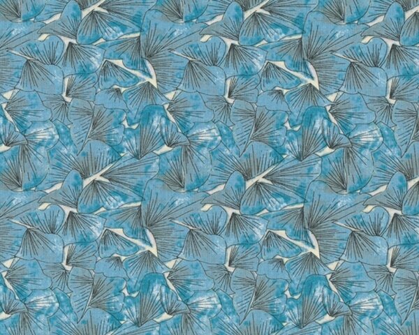 Patchworkstoff "Watercolor Garden" mit Blütenblättern, gedecktes hellblau