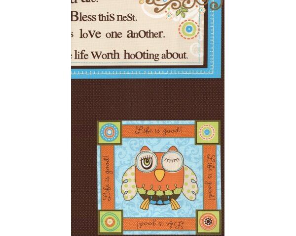 60-cm-Rapport Patchworkstoff "Owl Panel" mit Eulen und Schrift, hellgrün-hellblau-dunkelbraun