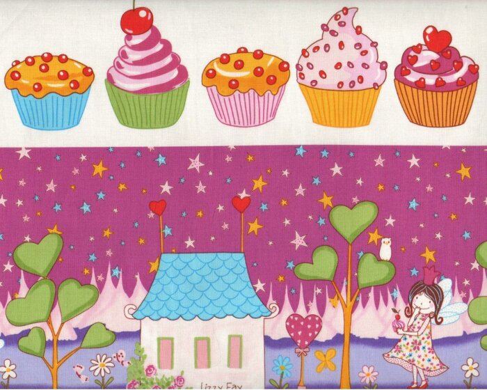 60-cm-Rapport Patchworkstoff LIZZY FAY, Elfen, Muffins und Etiketten, cremé