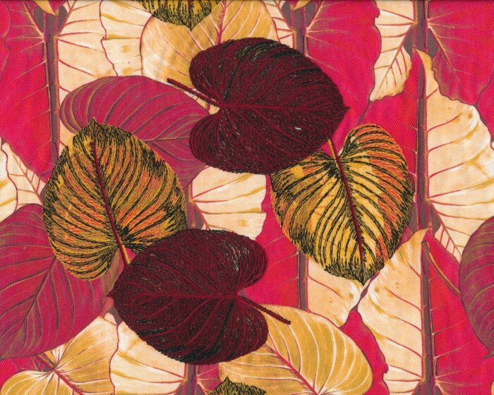 Edler bestickter Baumwollstoff ARIANE, Blätter-Dschungel, pastellrot-helles aprikot