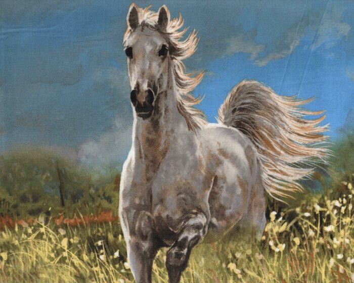 90-cm-Rapport Patchworkstoff CAMDEN YARD, Wildpferde, braun-dunkelgrün