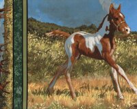 90-cm-Rapport Patchworkstoff CAMDEN YARD, Wildpferde, braun-dunkelgrün