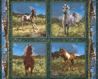 90-cm-Rapport Patchworkstoff CAMDEN YARD, Wildpferde, braun-dunkelgrün