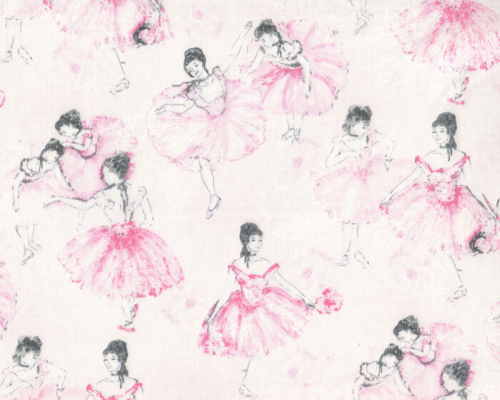 Patchworkstoff BALLET DANCERS, junge Ballerinas und Blumenbouquets, weiß-rosa