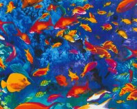 Patchworkstoff LIFES A BEACH, Fische am Korallenriff, dunkles türkis-orange