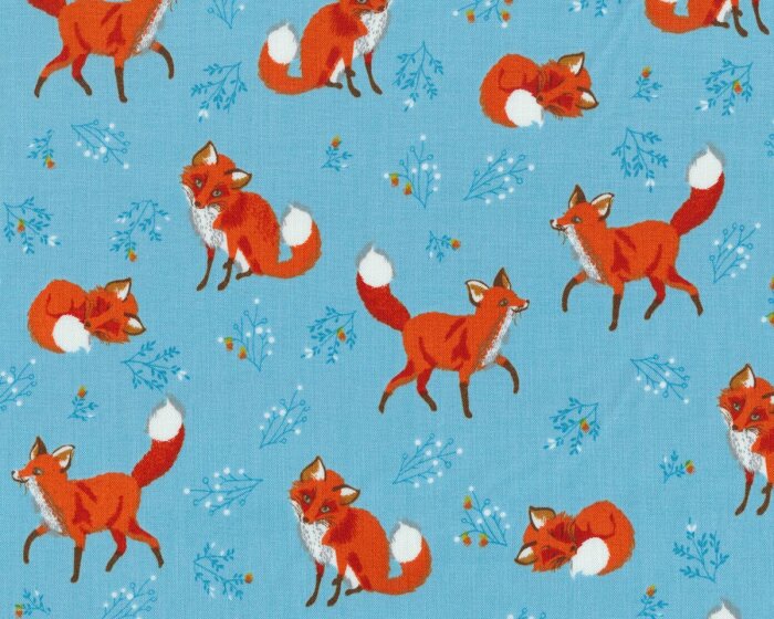Patchworkstoff FOREST FELLOWS, niedliche Füchse, himmelblau-dunkles orange