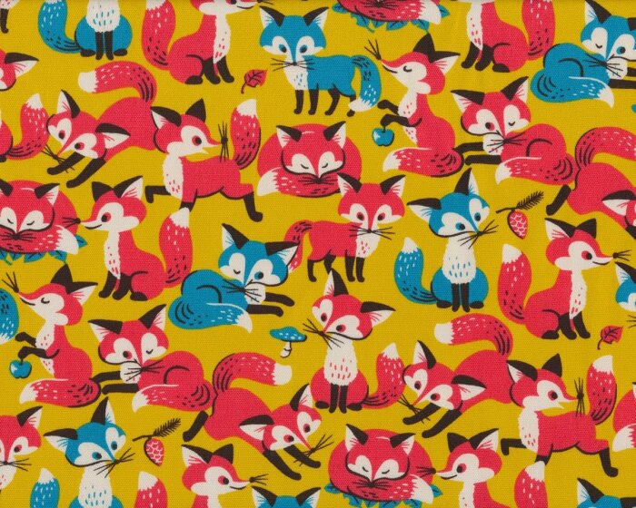 Griffiger Patchwork-Baumwollstoff PETITE RENARD, niedliche Fuchskinder, senfgelb-pastellrot
