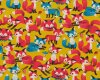Griffiger Patchwork-Baumwollstoff PETITE RENARD, niedliche Fuchskinder, senfgelb-pastellrot