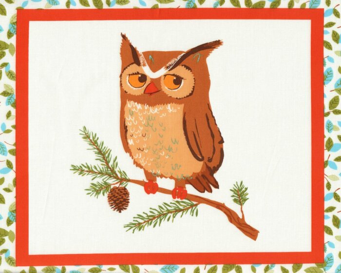 55-cm-Rapport Patchworkstoff FOREST FELLOWS, Bildfelder mit Waldtieren, dunkles orange-weiß