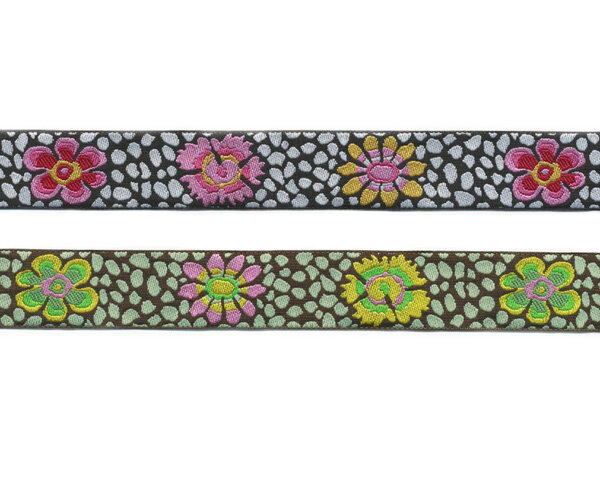 Webband GUINEA FLOWER, Blumen auf Tupfen-Grund, 22 mm breit, 2 Farben, rosa-schwarz