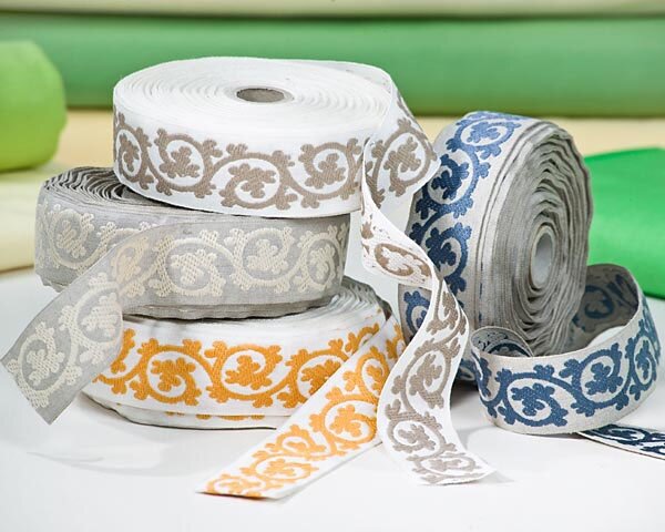 Leinen-Jacquardband FRISE, florale Ranken, 42 mm breit, 5 Farben, wollweiß-goldgelb