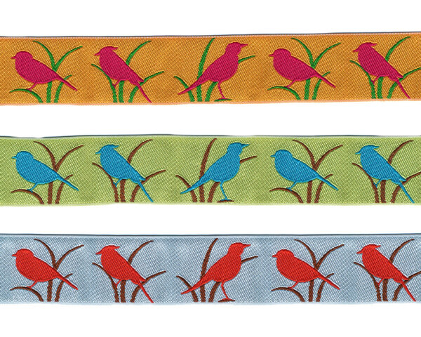 Webband BIRDS, Vögel auf Ästen, 24 mm breit, 3 Farben, orange-fuchsia