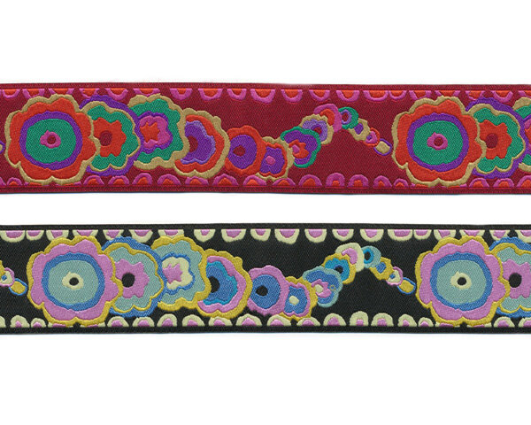 Webband FLORAL KITE, Comic-Blüten, 38 mm breit, 2 Farben, dunkelrot-lila