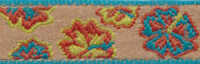 Satinband MARGAUX, Blüten, gewebt hellbraun-türkis